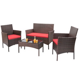 Homall 4 Pieces Outdoor Patio Furniture Sets Rattan Chair Wicker Set, Outdoor Indoor Use Backyard Porch Garden Poolside Balcony Furniture Sets (Red)
