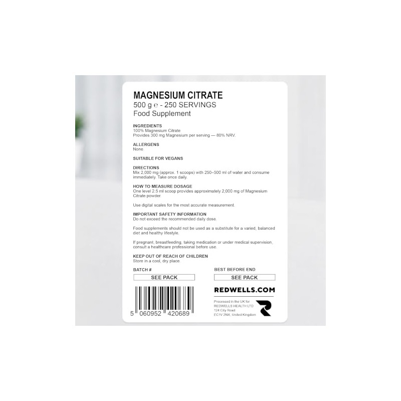 Magnesium Citrate Powder 500 g | 2,000 mg Daily Dose