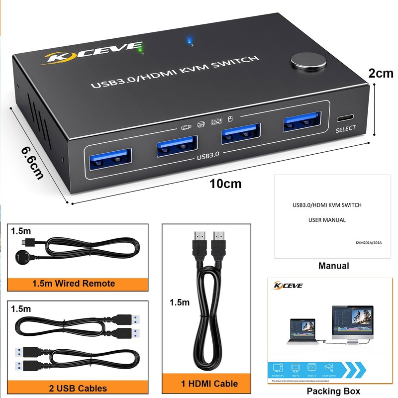 KCEVE KVM Switch 1 Monitor 2 Computers 4K@60Hz, HDMI KVM