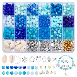 PH PandaHall 790pcs Blue Series Bracelet Making Kit 8mm Glass Beads Lampwork Crackle Beads with Pendants Spacers Shells for Summer Ocean Surfer Bracelet Hawaii Boho Themed Necklace Jewellery Making