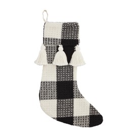 Mud Pie, Tan, Buffalo Check Tassel Christmas Stocking, 19" x 11.5", 19" x 11 1/2"