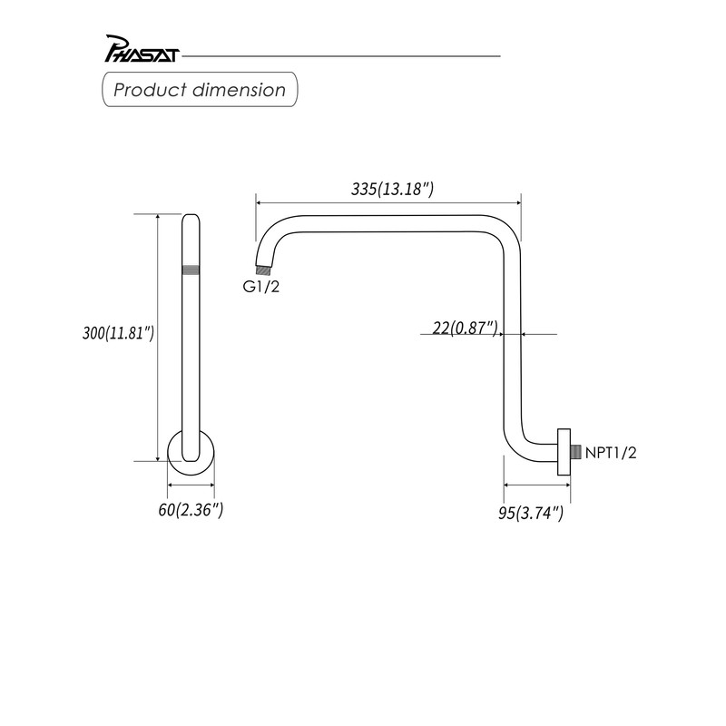 PHASAT 16 Inches Black Shower Head Arm,S Shaped Shower Arm