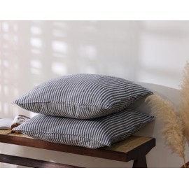 AORISSI 100% French Linen Euro Pillow Shams 26x26 Inches Square Pillowcases Pack of 2 with Envelope Closure, Stone Washed Soft Durable Breathable Cooling, Yarn Dyed Blue Stripe