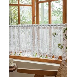 Devola Net Curtains Jacquard Curtains Lace Short Country House Style Bistro Curtain Floral Pattern Small Kitchen Curtain Coffee Curtains Short Curtain with Perforated Strip H x W 45 x 100 cm White