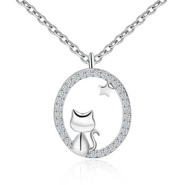 PAODIA Cat Pendant Necklace for Teens Women - Sterling Silver Hypoallergenic Cubic Zirconia Adjustable Cute Animal Oval Charm Necklace Gifts for Family Sister