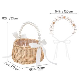 MAGICLULU Flower Girl Basket Headband Set Small Wicker Rattan Flower Basket with Pearl Handle Satin Bowknot Plastic Liner for Wedding Bride Girl Decoration 6.6 x 6.6 x 8.2Inch