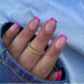 KQueenest 30 Pcs Hot Pink French Tip Press on Nails Short Square Nails Press ons Natural Nude Fake Nails Acrylic Petite Vibrant Color Glue on Nails Short Coffin Gel French Nails for Women DIY Manicure