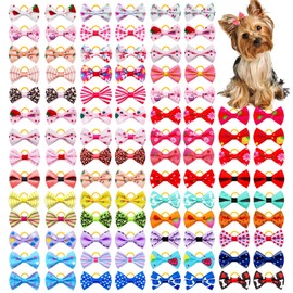 Senniea 100PCS Cute Puppy Dog Small Bowknot Hair Bows,Yorkie Doggie Bows with Rubber Band Pet Grooming Bows Dog Hair Costume Accessories for Small Dog