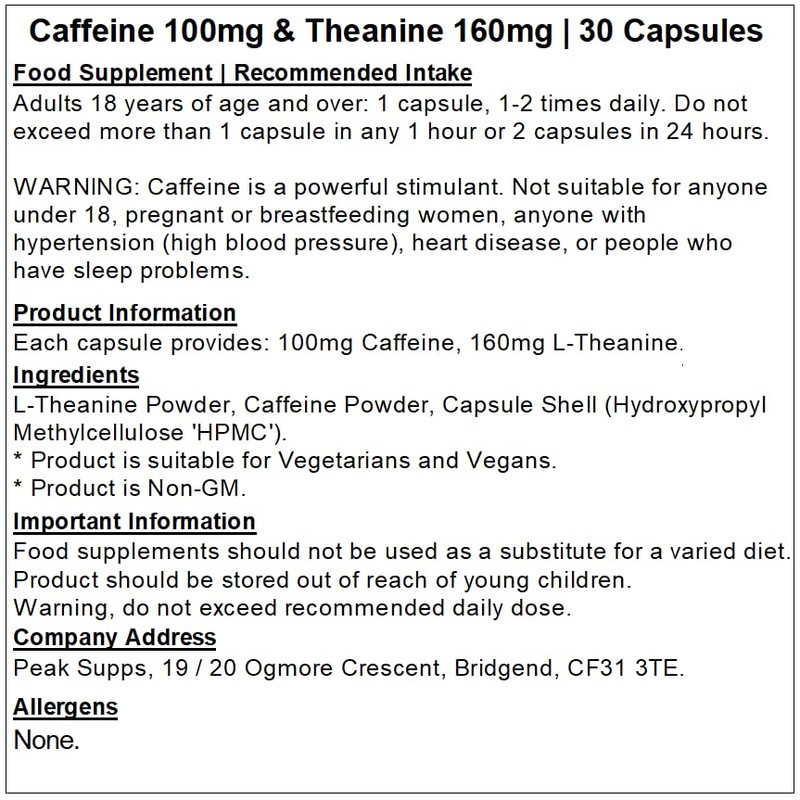 Caffeine 100mg and Theanine 200mg Complex - 30 Capsules |