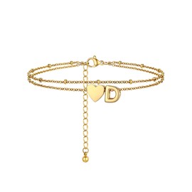 PROSTEEL Gold Anklet for Women, Double Heart Anklet with Letter A-Z, 18k Gold-Plated Foot Jewellery for Girls Women