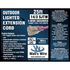 Watt's Wire 14 Gauge Heavy Duty SJTW Extension Cords - Pink - Indoor / Outdoor Lighted - 14 Awg - 25 ft