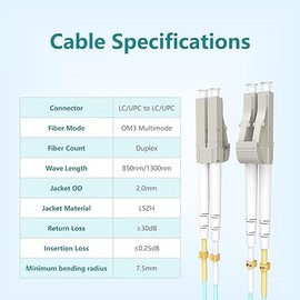 Yonwide Om3 Lc to Lc Fiber Patch Cable 1m (3ft) 5 Pack, Length Options: 0.2m - 100m, OM3 Fiber Lc to Lc Multimode, 10Gb Multi Mode Lc-Lc Fiber Optic Cable Duplex 50/125um, Aqua MM Fiber 1 Meter