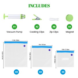 Sous Vide Bags Kit 28PCS - 15 Reusable Vacuum Food Storage Bags,6 Sealing Clips,2 Clamps for Food Storage,1 Hand Pump,4 Sous Vide Magnets to Keep Bags Submerged and in Place