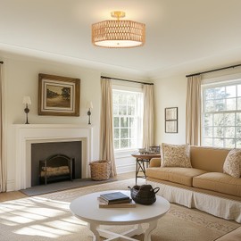 SupMaka 17.6" Boho Rattan Ceiling Light, 3-Light Bohemian Chandelier, Farmhouse Pendant Light with Natural Rattan Design for Living Room, Kitchen Island, Bedroom, Entryway,Foyer, Hallway