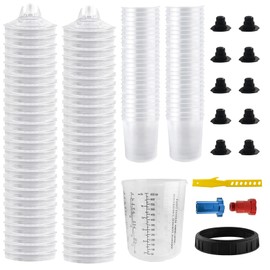 Disposable Paint Sprayer Mixing Cup 50 Pack 22 Ounce(650ML) Disposable Paint Cups Liners and Lid System 50 Liners, 50 Lids with Strainer, 1 Hard Cup with Retainer Ring, 10 Plugs, 2 Cup Adapters