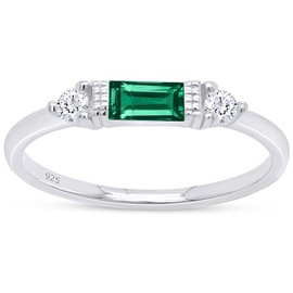 AFFY Baguette Cut Simulated Emerald And White Cubic Zirconia In 14K White Gold Plated 925 Sterling Silver Three Stone Design Bridal Engagement Wedding Ring Jewelry For Women Size -6