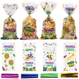 100 Pcs Mardi Gras Gift Bags, Mardi Gras Decorations Goodie Bags, 4 Design Mardi Gras Party Cellophane Treat Bags for Home Carnival Party Favor Table Decor and New Orleans Masquerade Party Supplies