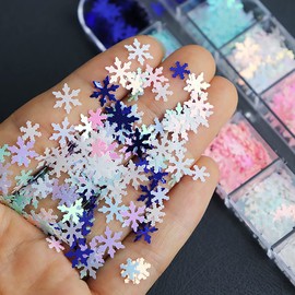 12 Grids 3D Snowflake Nail Glitter Sequins Holographic Laser Snowflake Nail Decals Christmas Nail Glitter Flakes Xmas Pink White Snowflake Glitter for Nails Art Decoration Winter Snow Nail Glitter