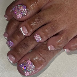 White French Press on Toenails Short Square Summer Silver Glitter Fake Toe Nails 3G Flower Full Rhinestones Designs Acrylic Toe Nail Press Ons Full Cover Nude Press on Toenails for Women 24Pcs