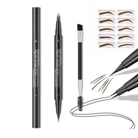 Dual Tip Eyebrow Pencil Waterproof with Comb Tip & Needle Tip - Ultra Fine Tip for Natural Hair Bow Strokes, Sweat-Resistant & Smudge-proof - Includes Stencil for Beginners (Dark Brown)