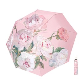XiranYien 42 Inch Compact Travel Umbrella, Automatic Folding, Lightweight, Windproof, Colorful Flower Rain Umbrella for Adults & Women, Portable for Backpack (Pink Flower)