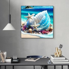 5D Diamond Painting Kits for Adults Beginners, Beach Starfish Diamond Art, DIY Full Round Drill Diamond Dot Gem Art Kits for Adults, Home Wall Decor 13.78x13.78 Inch