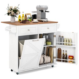 Giantex Kitchen Island Cart with Hidden Tilt Out Trash Can Cabinet, Drop Leaf, 2 Drawers, Towel Rack, Rolling Mobile Breakfast Bar Table, Wood Kitchen Storage Cart on Wheels (White & Natural)