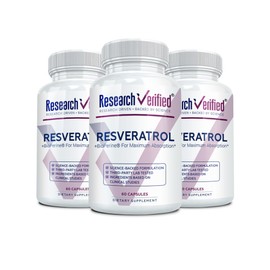 Research Verified Resveratrol - 98% Trans-Resveratrol 1000 mg, Anti-Aging Support - 60 Capsules per Bottle - 3 Bottles