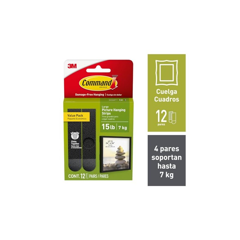 COMMAND 3M Tiras Adhesivas para Colgar Cuadros Grandes Negras 12