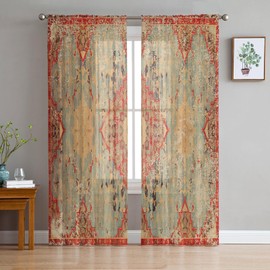 Semi Sheer Curtains 84 Inch Length 2 Panels Set, Geometric Boho Curtains Sheer Privacy Voile Window Curtains for Kitchen Living Room Bedroom Rod Pocket Drapes Rustic Bohemian Floral Tribal Orange