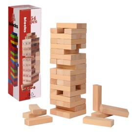 RshMgFun Gaming Stacking Wooden Blocks Stacking Tumbling Tower, 54PCS Wooden Stacking Game for Kids Teens - Pine Stack Timber Board Game with 4 Dice Set
