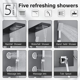 AlenArt Shower Panel Tower System, Multi Function Shower System with Body Jets, Handheld Sprayer, Rainfall Waterfall Shower Head and Tub Spout Stainless Steel Wall Mount Shower Panels Black