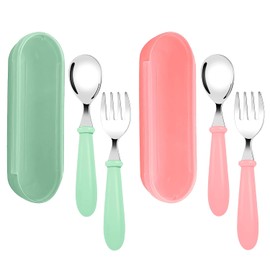 uunida baby 2 Sets de Cubiertos para Niños de Acero Inoxidable - Cucharas para Bebe - Cubiertos para Lonchera - Cubiertos portatiles - Cubiertos para Bebe (Rosa + Verde)