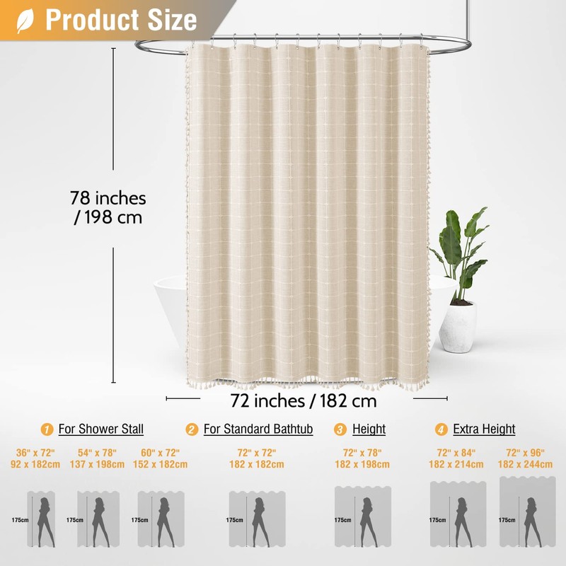 BTTN 78 Inch Long Shower Curtain - Boho Farmhouse Linen