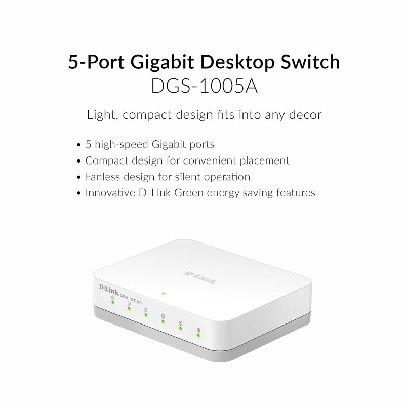 D-Link DGS-1005A 5-Port Gigabit Ethernet Switch, Compact Desktop Housing, Energy-Efficient,