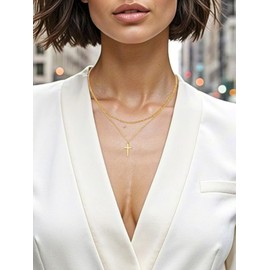 Zysta Small Cross Crucifix Necklace 14k Gold Plated Double Layered Choker Adjustable Simple Pendant Necklaces Dainty Jewelry Chain for Women Gift (Vertical cross)
