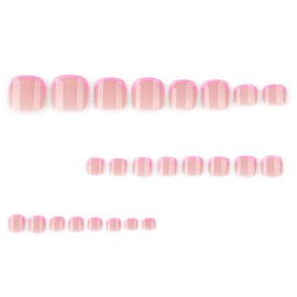 Pink French Tip Press on Toenails Short Square Fake Toenail for Women Full Cover Glossy Stick on Toenail Pink Glitter Acrylic False Toenail Summer Glue on Toenails Manicure Kit 24Pcs