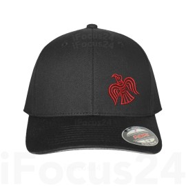 Flexfit Odin's Raven Viking Embroidery Logo Fitted Flex Fit Hat Celtic Norse Cap - Red on Black, S/M