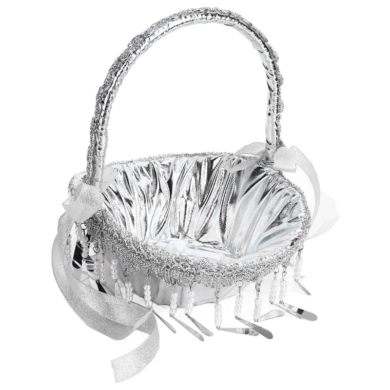 Wedding Flower Girl Basket Silver Hand Flower Basket Romantic Rhinestone