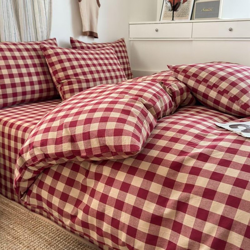 PinkMemory Red Gingham Duvet Cover Set Queen 100% Washed Cotton