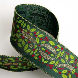 Italian Options 63mm Wide Christmas Ribbon - Green Linen Gold Glitter Joy (10 Mtr/Wired Edge)