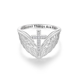 PEIMKO Baptism Gifts Cross Angel Wings Ring in 925 Sterling Silver Moissanite Band Ring Faith Hope Religious Jewelry White Gold With God All Things Are Possible