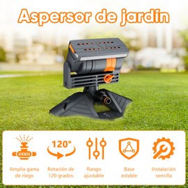 HOGESA Aspersores de Riego Jardin, Boquilla Giratorio Automático, Aspersor de Césped Oscilante de 16 Orificios, 4 Modos de Pulverización, Cobertura Ajustable de Área Grande.