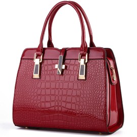 XingChen Shiny Patent Leather Handbag for Women Purse Crocodile Pattern Top-Handle Satchel Ladies Shoulder Bag Tote(Wine)