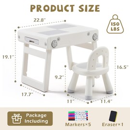 JooKiddie Toddler Table and Chair Set, Foldable Building Block Table for Kids, Double-Sided Drawing & Building Kids Activity Tables, Include 5 Markers & Board Eraser