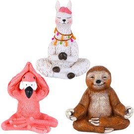Mood Lab Miniature Yoga Figurines Set - Funny Mini Statue Kit of 3 pcs - Flamingo, Lama & Sloth in Meditation Pose - Fairy Garden Decor