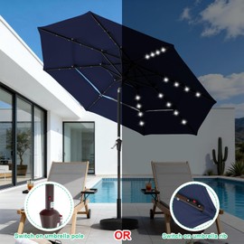 JEAREY 3 Tiers Patio Umbrella with Solar Lights 9ft Outdoor Market Table Umbrellas with Push Button Tilt for Outside Pool Garden, Navy Blue