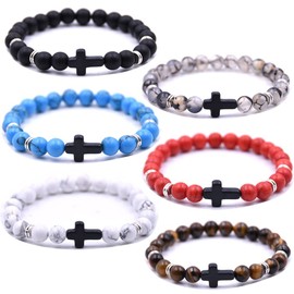 HYHONEY 6 Pcs 8MM Bracelets For Men Beaded Bracelets Cross Bracelet For Women Cross bracelets Turquoise Tiger Eye Natural Stone Man Bracelet Stretch Elastic bracelet