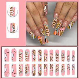 24 Pcs Pink Press on Nails Long Square - WLGDLH Water Pipe Fake Nails Nude Pink False Nails with Colorful Tulip Flower Design Glossy Nail Tips Full Cover Acrylic Nails Stick on Nails for Women