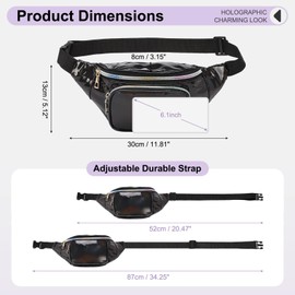 DTGN Holographic Fanny Pack for Women, Cute Waist Bag, Crossbody Bag 3-Pocket Water Resistant Fashion Small Bum Bag with Adjustable Belt for Running Hiking Shiny Black